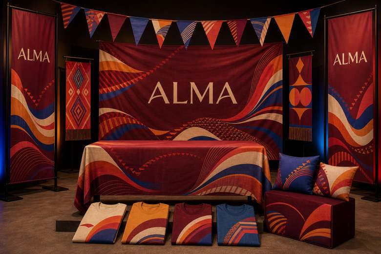 Concepto publicitario ALMA aplicado a banderines, fondos, manteles, paneles y camisetas