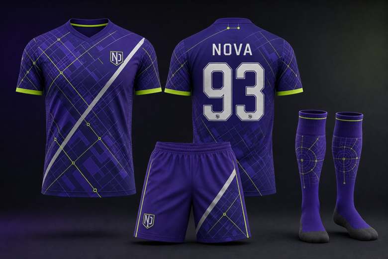 Equipación deportiva morada con retícula fosforescente: camiseta de frente y de espalda con nombre y número, short y medias del mismo diseño