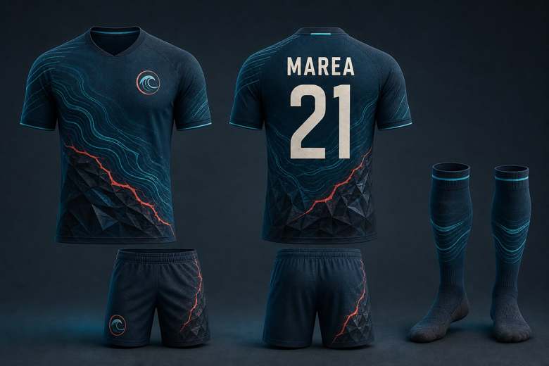 Equipación azul marino con oleaje turquesa y una grieta naranja, con short y medias a juego