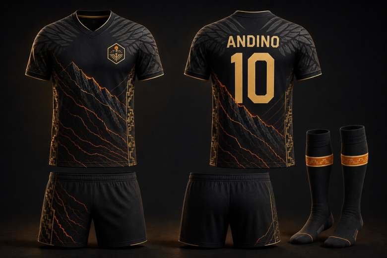 Equipación negra con grecas andinas doradas y una cordillera naranja, con short y medias del mismo motivo