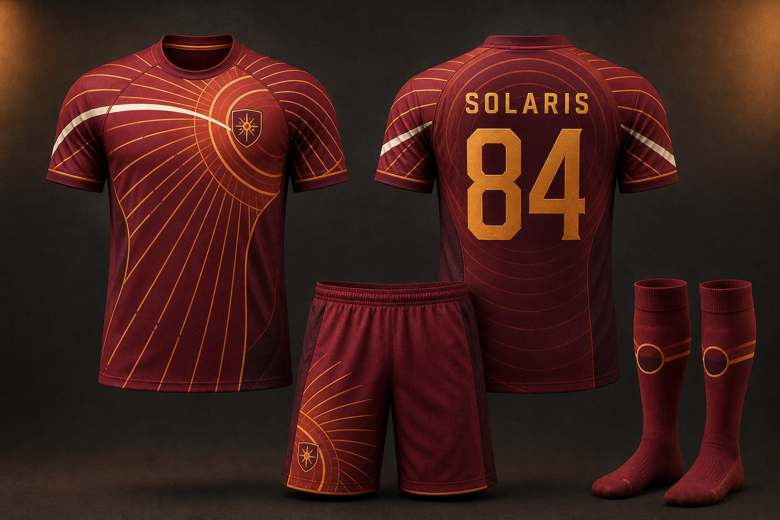 Equipación granate con líneas radiales doradas: camiseta con apellido y número, short y medias a juego