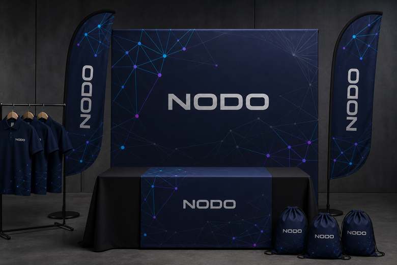Concepto publicitario NODO aplicado a banderas, fondo de evento, mantel, polos y bolsas textiles